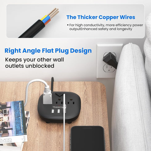 Power Strip with 3 Outlets and 3 USB Ports, Desktop Charging Station with 5 ft Extension Cord - Black