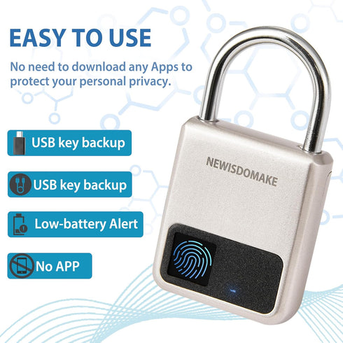 Fingerprint Padlock, Smart Biometric Lock with USB Charging, Suitable for Luggage, Suitcase, Backpack, Gold