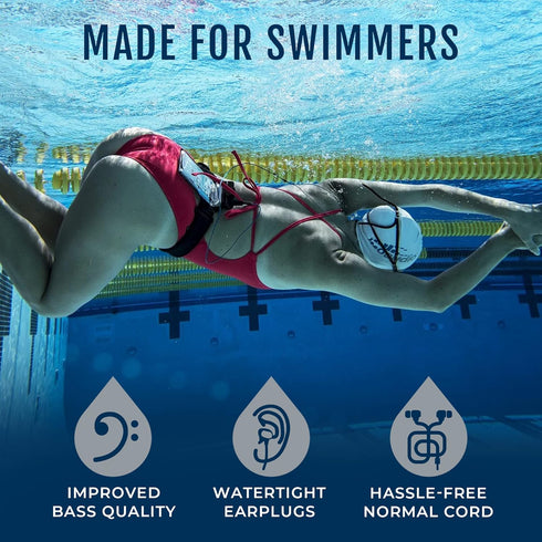 H2O Audio Surge+ Swim Headphones | 100% Waterproof, Noise Canceling, Dustproof, Black/Blue