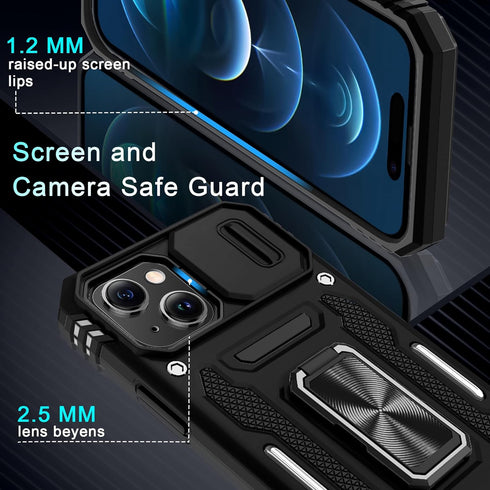 DEERLAMN iPhone 15 Case - Black Military Grade Shockproof with Slide Camera Cover & Screen Protector (2 Packs)
