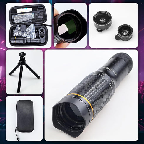 Flylin 32X 0.63X 198 Phone Camera Lens Kit, Long Focus Telephoto High Power HD Lens Wide Angle Macro Fisheye for Most