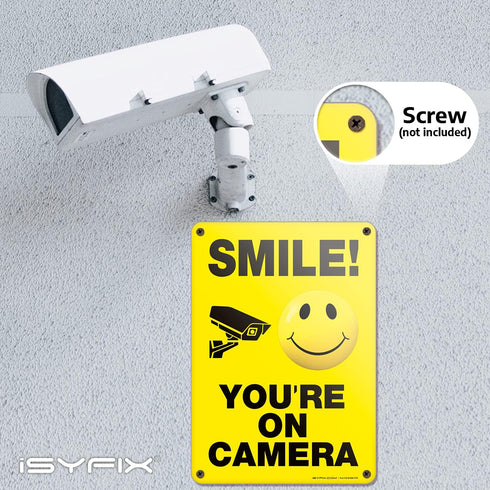 iSYFIX Smile You're on Camera Signs for Business – 1 Pack 7x10 Inch – Rust Free Aluminum Sign, UV & Weather Resistant