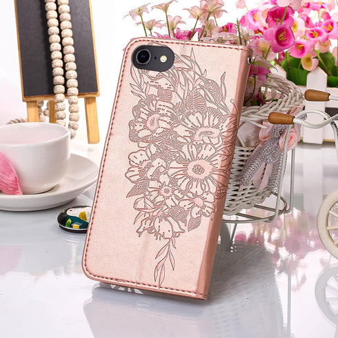 iPhone SE 2022/SE 2020 Case, Wallet Case for iPhone 6/6S/7/8, Butterfly Floral Embossed Leather Protective Flip Cover