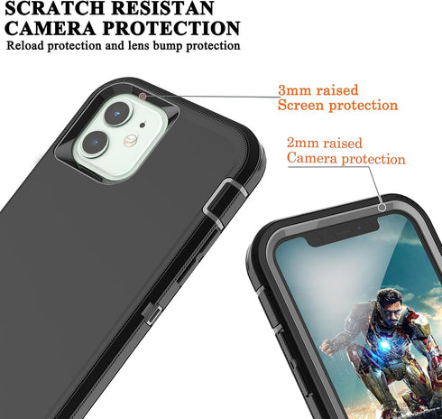 YmhxcY Shockproof Case for iPhone 12 & 12 Pro, 3-Layer Durable Protection, Heavy Duty Cover, Black and Grey