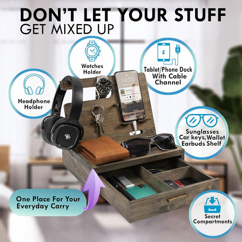Nightstand Organizer, Rustic Bedside Organizer for Cellphone & Accessories, Unique Birthday Gifts for Men