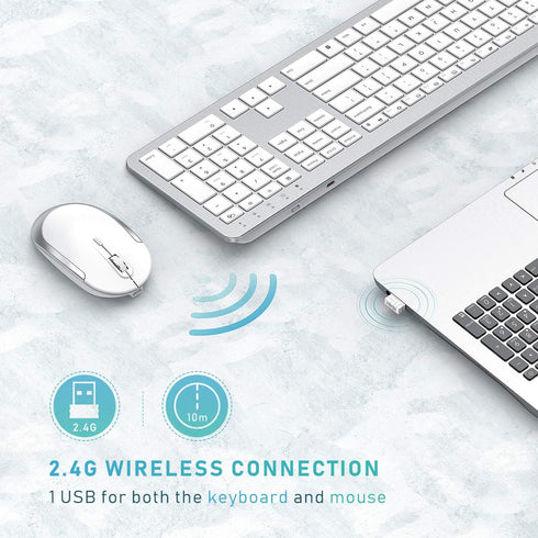 Seenda Rechargeable Wireless Keyboard Mouse Combo, Full Size Cordless Keyboard & Mouse Set, Ultra Thin Quiet, Silver