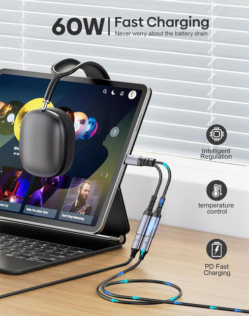 USB C Splitter, Dual USB C Headphone and Charger Adapter, 2 in 1 Type C Audio Dongle with PD 60W Fast Charging