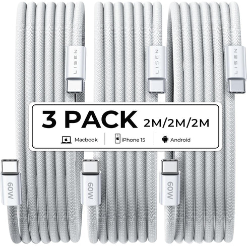 LISEN USB C to USB C Cable 3-Pack 6ft 60W, Fast Charging for iPad Pro 2024, iPhone 15 Pro Max Plus, Samsung S24 S23