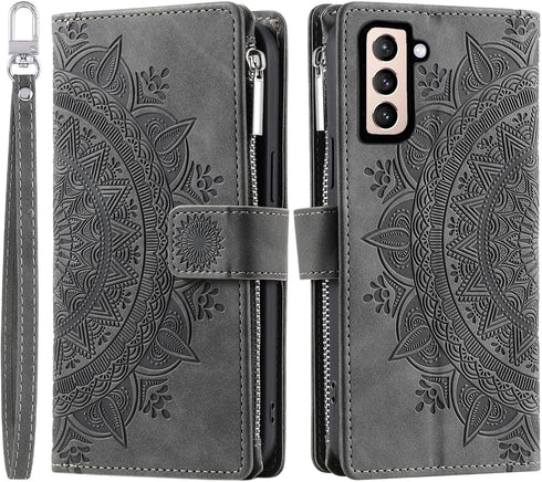 Asuwish Wallet Case for Samsung Galaxy S21 5G - 6.2" Flip Cover, Tempered Glass, Wrist Strap, Mandala Flower, Grey.