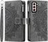 Asuwish Wallet Case for Samsung Galaxy S21 5G - 6.2" Flip Cover, Tempered Glass, Wrist Strap, Mandala Flower, Grey.