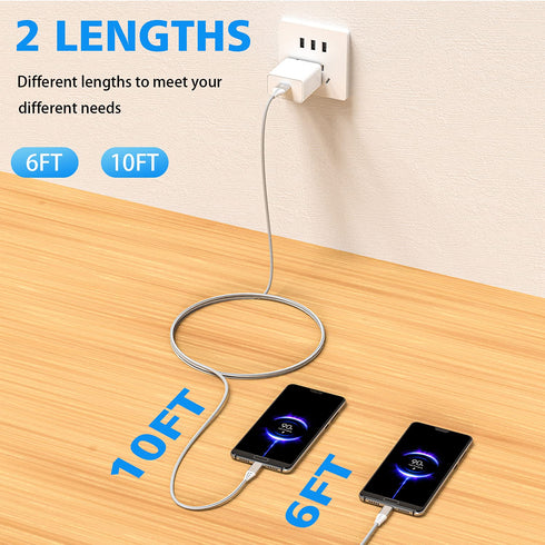 10FT+6FT Long USB Type C Charger Cable for Moto G Power/G Stylus 2022/2021, G 5G/G Fast/G Play, LG Stylo 5/6, Edge 2022.