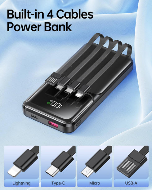 Power Bank Portable Charger with Built-in Cable, USB C Fast Charging Travel Essential Battery Pack for iPhone Samsung
