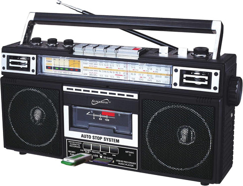 Supersonic SC-3201BT 4 Band Radio & Cassette Player - Bluetooth Speaker with MP3 Playback, USB, SD Card, Earphone Jack