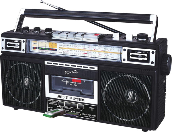 Supersonic SC-3201BT 4 Band Radio & Cassette Player - Bluetooth Speaker with MP3 Playback, USB, SD Card, Earphone Jack