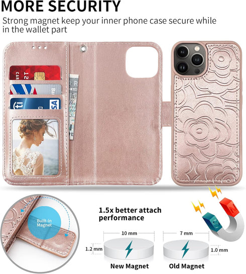 CASEOWL Detachable Wallet Case for iPhone 13 Pro Max, Folio Flip Leather Case with RFID Card Holder Strap - Camellia