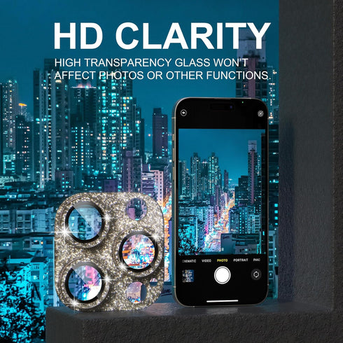 Choiche Bling Camera Lens Protector for iPhone 15 Pro/Pro Max, 9H Tempered Glass, Glitter-Titanium Gold, Metal Ring.
