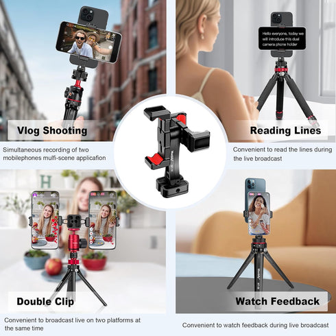 Manbily 360 180 Phone Tripod Mount, Metal Smartphone Mount Adapter with Dual Phone Holder, Swivel Flip Adjustable Clip