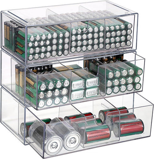 BTSKY 3 Pack Clear Acrylic Battery Storage Organizer for AA, AAA, 9V,