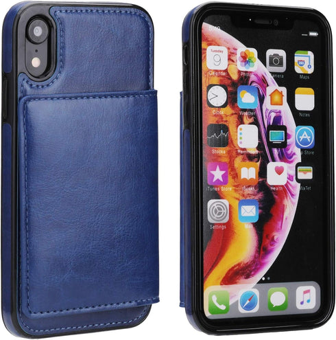 KIHUWEY Compatible with iPhone XR Wallet Case, Premium Leather Kickstand Protective Cover, Blue