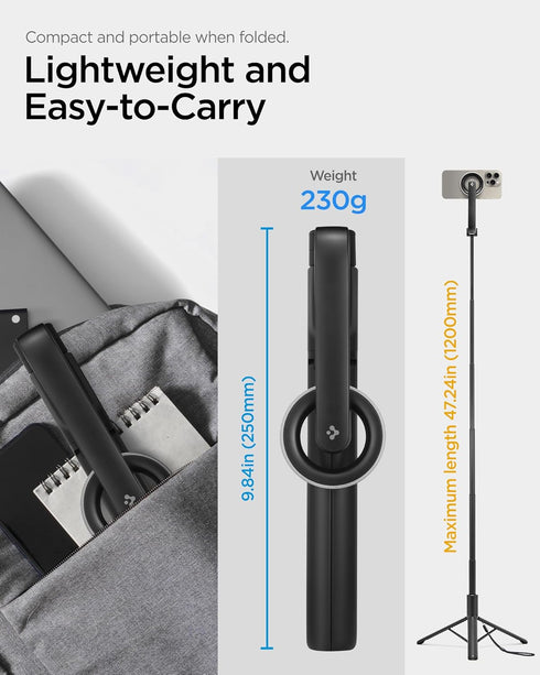 Spigen S580W (MagFit) MagSafe Selfie Stick Tripod Stand with Bluetooth Remote Control, 47" Extendable for iPhone 16 15