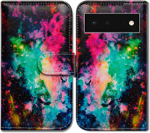Colorful Universe Sky Leather Flip Phone Case Wallet Cover with Card Slot Holder Kickstand for Google Pixel 6