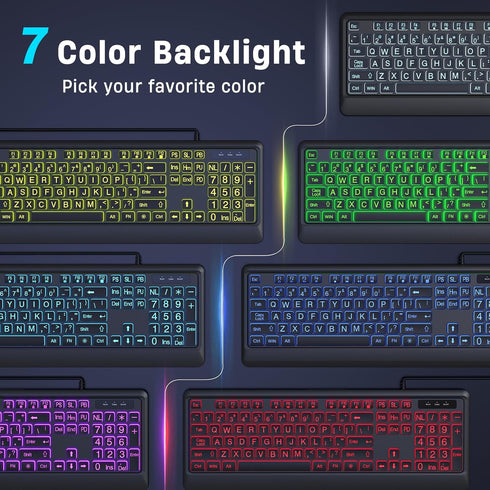 Large Print Keyboard - 7 Interchangeable Backlight Colors, Light Up USB Wired Computer Keyboards, USB Plug-and-Play,
