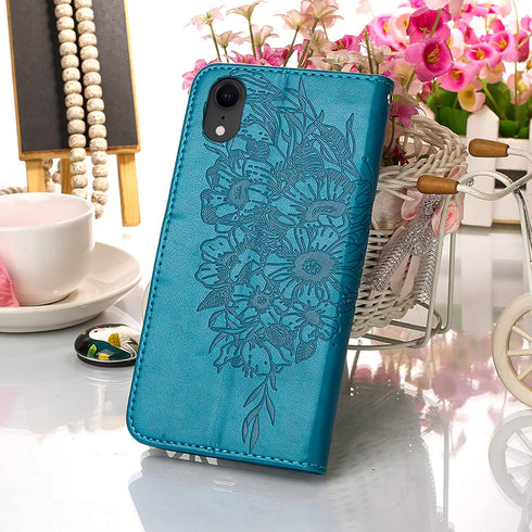 Phone Case for iPhone XR Wallet, Butterfly Floral Embossed PU Leather Flip Cover with Card Holder and Wrist Strap