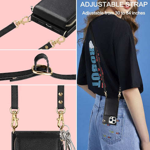 iPhone 13 Pro Max Leather Wallet Case, 6.7-Inch Zipper Shockproof Card Holder & Anti-Theft Lanyard, Crossbody Bag Black