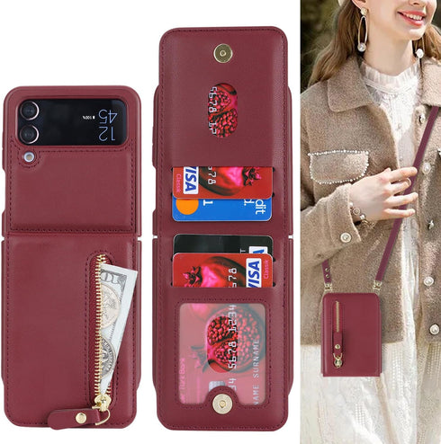 Cavor for Samsung Galaxy Z Flip 4 Case Wallet with for Women,Galaxy Z Flip 4 Case with Strap,Crossbody Strap Lanyard Card Holder Stand,Flip 4 Phone Case Cute,Leather Zipper Pocket Cover-Wine Red