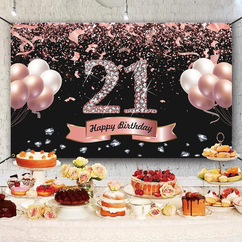 Trgowaul 21st Birthday Decorations - Rose Gold Backdrop 5.9 x 3.6 Ft for Women Happy 21st Banner