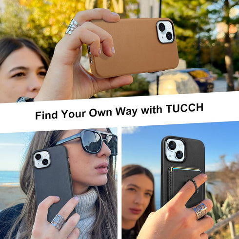TUCCH Case for iPhone 15, Removable Card Wallet, RFID Blocking, Magnetic Wireless Charging, Brown, Compatible with