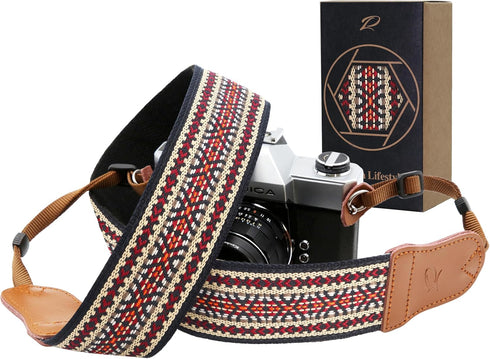 Padwa Lifestyle Speed Red Embroidered Camera Strap - Double Layer Cowhide Ends,2"
