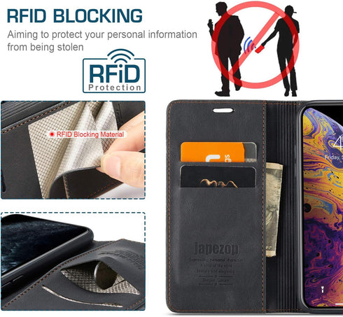 japezop iPhone Xs/iPhone X Wallet Case, RFID Blocking Card Holder, Premium Leather with Magnetic Kickstand, Black