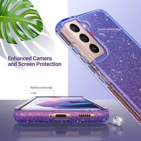 ULAK Clear Glitter Case for Samsung Galaxy S21 5G, Sparkly Soft TPU Bumper Bling Cover for Women Girls - Blue+Purple