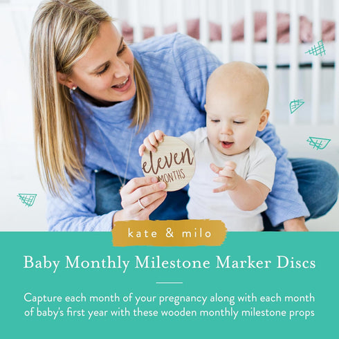 Kate & Milo Baby Monthly Milestone Marker Discs - Wooden Discs with Reversible Photo Props, Gender-Neutral Gift