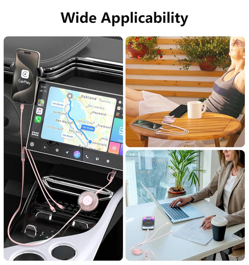 Multi Charging Cable Retractable, Pink 5in1 USB A/C to USB C/Lightning/Micro USB Fast Charging Cord