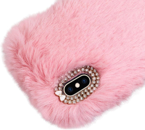 Plush Rabbit Fur Case for iPhone 6/6S, LCHDA Bunny Furry Fluffy Phone Case with Luxury Diamond Bowknot, Pink