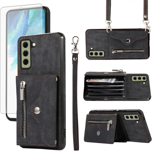 Phone Case for Samsung Galaxy S21 FE 5G, Wallet Cover with Tempered Glass Screen Protector and Credit Card Holder -