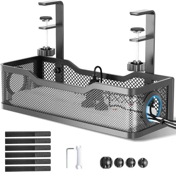 Under Desk Cable Management Tray, No Drill Cable Management Box with Clamp for Desk Wire Management - Black
