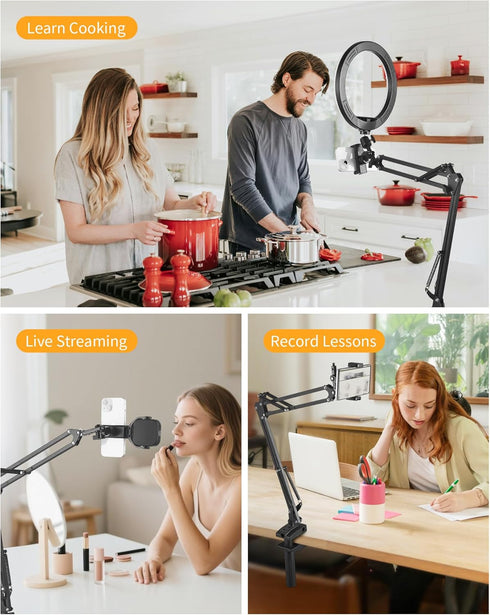 Phone Holder for Bed Desk, Flexible Camera Arm Desk Mount Clamp with Phone Holder and Ball Head, Overhead Tripod Mount