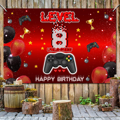 Level 8 Unlocked Backdrop Banner Decorations - Video Game Happy 8th Birthday for Boys Kids