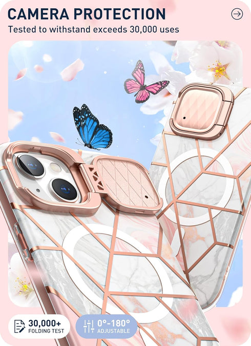 i-Blason Slim Full-Body Protective Case for iPhone 15/14/13 (6.1'') - Marble Pink, MagSafe Compatible, with Camera