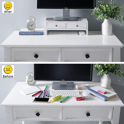 WELLAND Monitor Stand Riser with Drawers, Desktop Organizer for Laptop, PC, Office Supplies, White