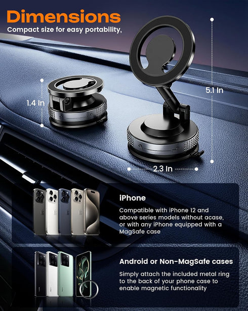 MinVix 360 Vacuum Magnetic Phone Holder, Upgraded Suction Phone Mount, Adjustable Car Phone Holder for MagSafe, Phone