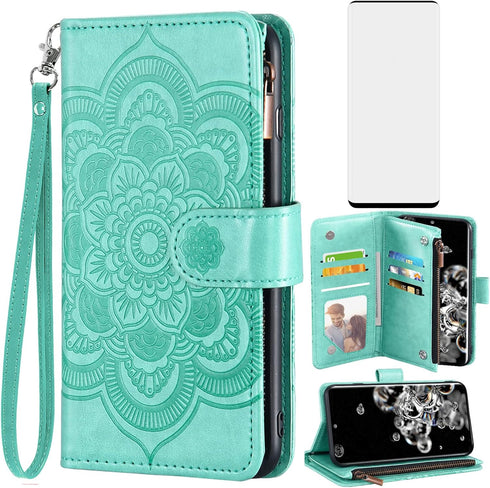 Asuwish Wallet Case for Samsung Galaxy S20 Ultra 5G with Tempered Glass Protector, Flip Card Holder, Green.