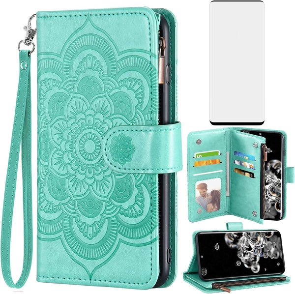 Asuwish Wallet Case for Samsung Galaxy S20 Ultra 5G with Tempered Glass Protector, Flip Card Holder, Green.