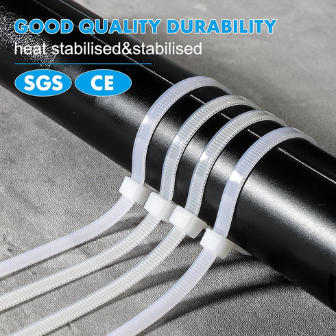 White Zip Ties 8 Inch, 100 Pack Clear Industrial Cable Ties, UV Resistant Self Locking Zipties for Indoor Outdoor Use