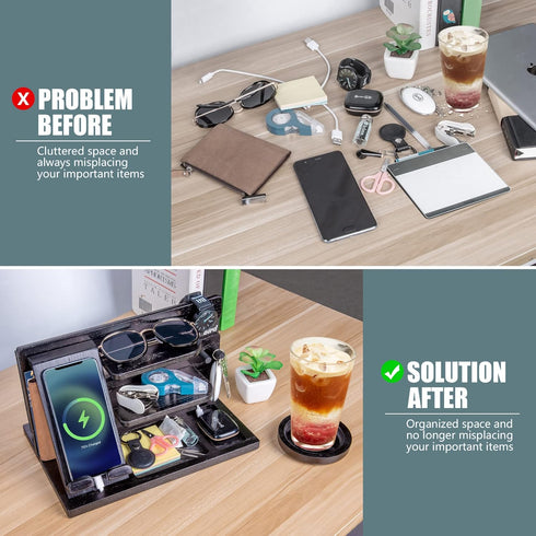 Black Wood Phone Docking Station, Wood Charging Organizer Stand for Phone, Tablet, Keys, Glasses, EDC