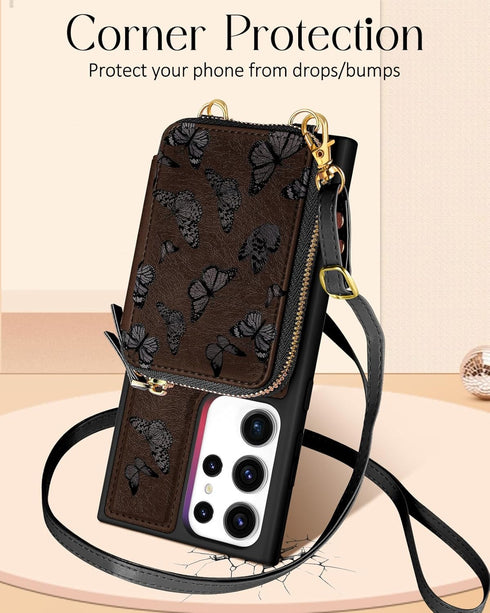 Shorogyt Wallet Case for Samsung Galaxy S23 Ultra, RFID Blocking Card Holder Slots Designer Black Butterfly Leather