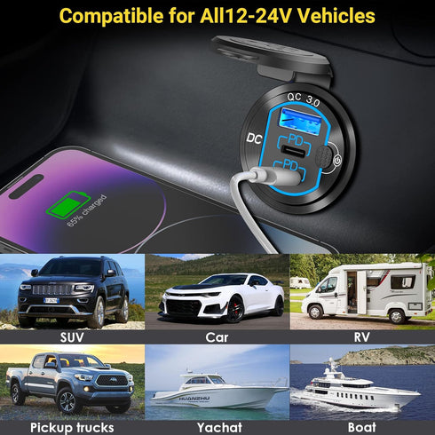 12V USB Outlet 78W - Qidoe Dual 60W PD & 18W QC3.0 Charger Socket with Switch for Marine, Motorcycle, Truck